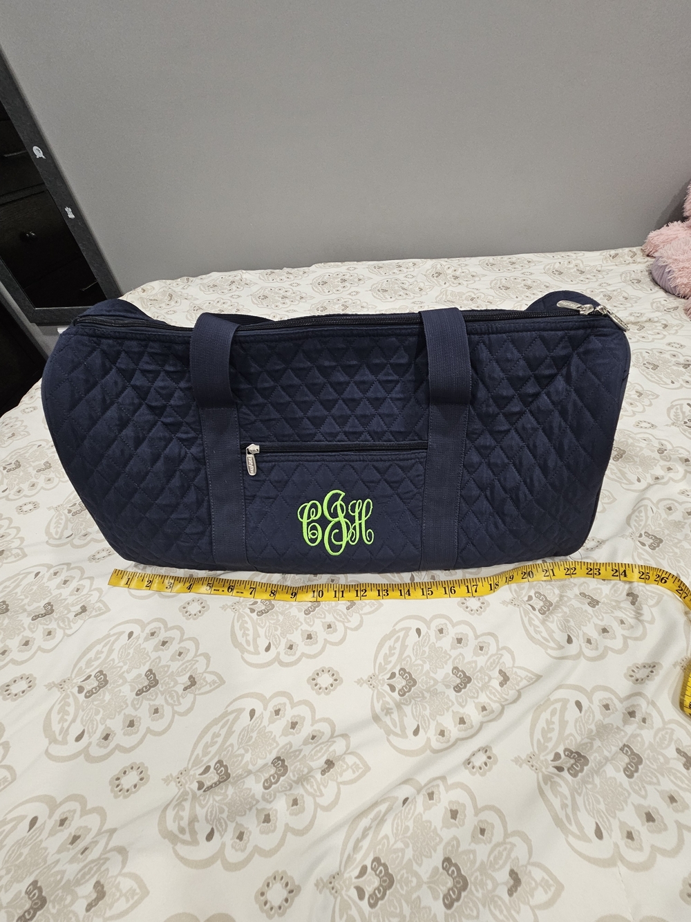 Navy Quilted Travel Duffle Bag with Lime Monogram